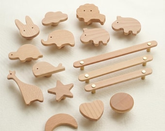 Tiradores de madera con forma de animales para armarios, tiradores para cajones infantiles, pomos para cómodas de guardería, pomos de madera de haya para muebles, bonitos ganchos de pared para la habitación de los niños.