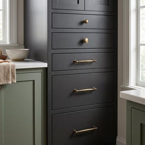 May include: A dark grey cabinet with multiple drawers and brass hardware. The cabinet has a tall, vertical design with a mix of knobs and bar pulls. The drawers are evenly spaced, and the brass hardware contrasts the dark grey finish. The cabinet is in a kitchen setting.