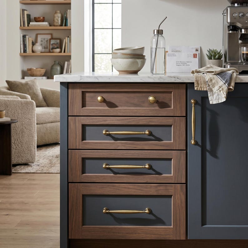 May include: A kitchen island featuring dark wood drawers with brass handles. The drawers are framed in medium brown wood with grey-blue centre panels. A clear glass water bottle and bowls are on the countertop.