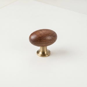 May include: A wooden cabinet knob with a brass base. The knob is oval-shaped and made of dark brown wood. The brass base is a short cylinder shape. The knob is set against a white background.