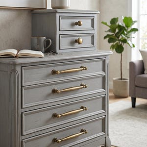 May include: A grey wooden chest of drawers with brass handles. A smaller two-drawer cabinet sits on top. A mug, keys, and an open book are on the chest. A potted plant and a sofa are in the background.