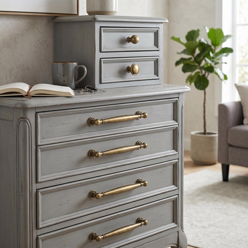 May include: A grey wooden chest of drawers with brass handles. A smaller two-drawer cabinet sits on top. A mug, keys, and an open book are on the chest. A potted plant and a sofa are in the background.