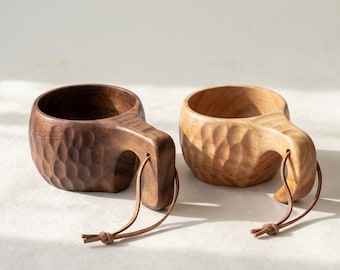 Trämugg Kuksa, Trämugg med handtag, Naturlig campingmugg, Rustik kaffe- och temugg, Utomhusmugg för vandring, Nordisk träskål
