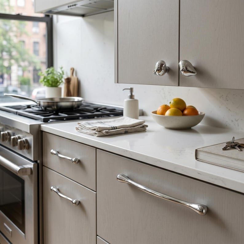 Puede incluir: Una cocina moderna con armarios de color gris claro y herrajes de acero inoxidable. Los armarios tienen pomos en forma de p&aacute;jaro y tiradores de caj&oacute;n curvos. Un cuenco de fruta c&iacute;trica se encuentra sobre la encimera.