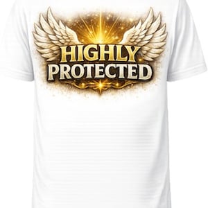 Könnte beinhalten: Weißes T-Shirt mit einem gold-braunen Grafikdesign. Das Design zeigt Flügel, einen Lichtblitz und die Worte "HIGHLY PROTECTED" in einer stilisierten Schriftart. Das T-Shirt hat kurze Ärmel.