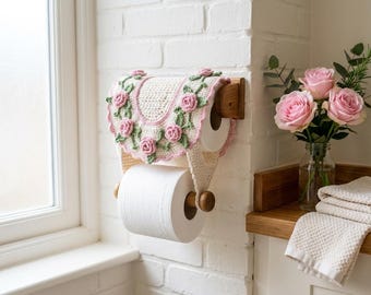 Mönster för virkat toalettpappershållaröverdrag, rosa rosengirlang, lantlig inredning (PDF-nedladdning)