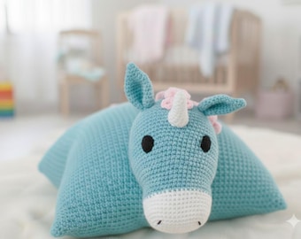 Virkmönster för enhörningskudde i PDF-format, Amigurumi-enhörningskudde, digital nedladdning för nybörjare