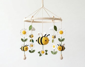 Virkat mönster för mobil med bi, Daisy-motiv, Amigurumi-barnrumsdekor (PDF-nedladdning)