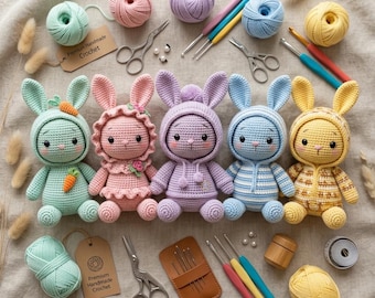 Virkade amigurumi-mönster för kaniner | 5 i 1 babydockor (PDF-nedladdning)