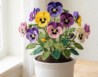 Mönster för virkade penséer och krukor | Amigurumi-blomsterarrangemang för nybörjare (PDF-nedladdning)