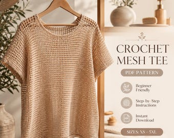 Mönster för virkad mesh-tröja i PDF-format | Mönster för virkad topp för nybörjare | Virkad sommartröja | Enkelt virkmönster | XS-5XL Plus Size