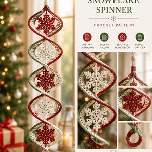 Può includere: Uno schema all'uncinetto per un fiocco di neve natalizio rotante, con il testo Christmas SNOWFLAKE SPINNER CROCHET PATTERN. Il design presenta fiocchi di neve lavorati all'uncinetto in rosso e bianco sospesi in una struttura a spirale con bordi verdi.