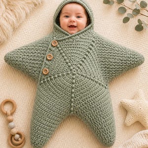 May include: A sage green crocheted star-shaped baby bunting with a hood and three wooden buttons along the side. The garment features a textured stitch pattern with raised lines radiating from the center, enclosing a smiling infant.