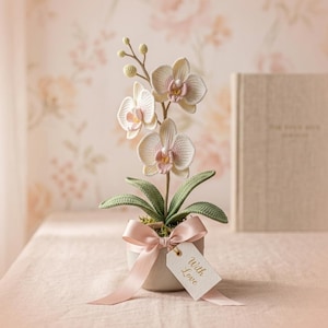 Könnte beinhalten: Eine gehäkelte Orchideenpflanze in einem kleinen Topf mit cremefarbenen und rosa Blüten, grünen Blättern und einem rosa Band. Ein Anhänger mit der Aufschrift "With Love" ist am Band befestigt. Die Pflanze steht auf einer rosa Oberfläche.