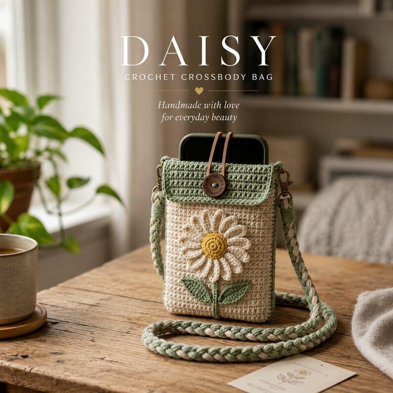 Sage Daisy Pocket Bag crochet pattern listing photo by TheHandmadesHub