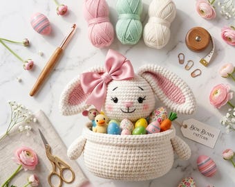 Mönster för virkat påskkorg med rosett och kanin | Handledning för amigurumi-leksaker (PDF-nedladdning)