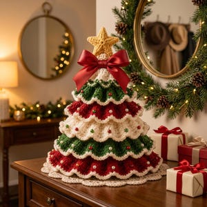 May include: A tiered, cone-shaped Christmas tree decoration made of crocheted yarn in alternating layers of red, white, and green. The tree is topped with a yellow crocheted star and a large red satin bow, and decorated with small white, red, and green beads.