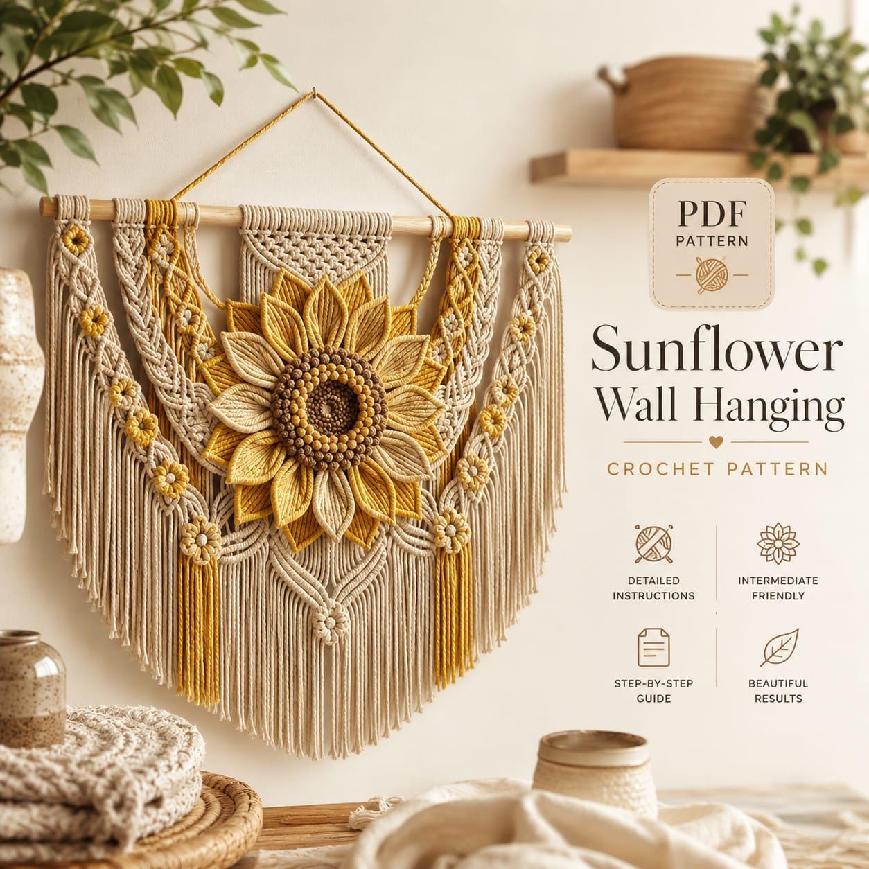 28 Large Sunflower Crochet Patterns: Brighten Your Home with DIY Decor 26 Sunflower crochet Wall Hanging Boho Cotton Rope Art