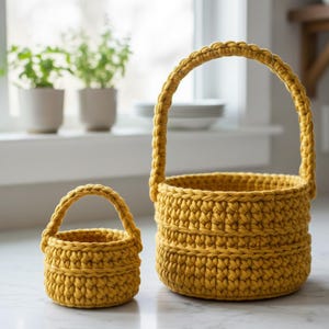 May include: Two yellow crochet baskets, one small and one large, sit side-by-side. The larger basket has a handle. The baskets are made of thick yarn and have a textured appearance. The background includes a window and potted plants.
