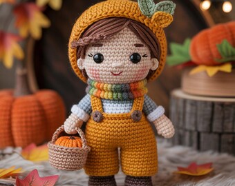 Virkat höstskördedockamönster, pumpahatt-amigurumi (PDF-nedladdning)