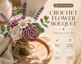 Mönster för virkad blombukett – Rosor, prästkragar, lavendel (PDF-nedladdning)