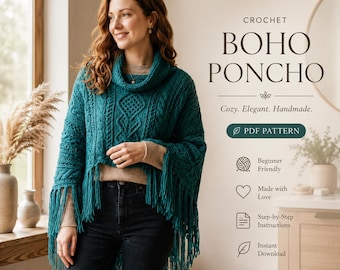 Boho Poncho Virkmönster | Kabelstickning med krage och fransar (PDF-nedladdning)