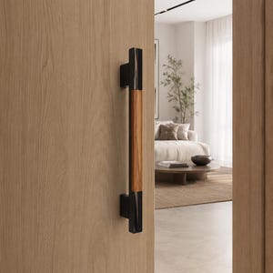 Moderner Türgriff aus Holz, mattschwarze Eingangstürbeschläge, zeitgenössischer Scheunentürgriff, Schiebetürgriff, rustikal