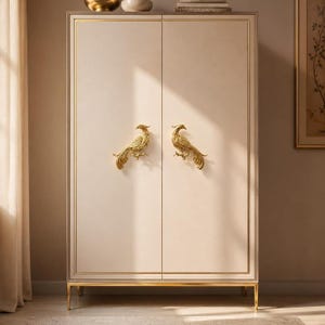 May include: A tall, rectangular cream-colored cabinet featuring two doors with gold-toned bird-shaped handles. The cabinet is framed by thin gold trim and stands on four slender gold-toned legs, presenting a clean, symmetrical front-facing design.