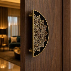 Black Gold Mandala Door Handle, Brass Double Door Pull, Half Moon Decorative Handle, Indian Boho Door Hardware