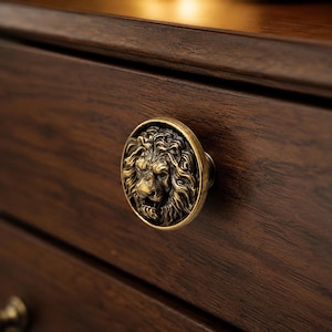May include: A circular brass-toned metal drawer knob featuring a detailed, three-dimensional relief sculpture of a lion's head with a full mane, mounted on a dark brown wooden drawer front with a visible horizontal wood grain texture.