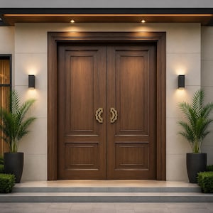 May include: A set of double wooden doors with a rich brown finish and recessed panels, featuring ornate gold-toned metal handles. The entrance is flanked by two potted green palm plants and illuminated by two rectangular wall-mounted light fixtures.