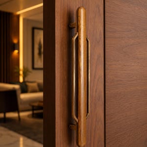 Puede incluir: Un tirador de puerta vertical que presenta un agarre cilíndrico de madera encerrado en un marco geométrico de latón. El tirador está montado sobre un panel de puerta de madera oscura, mostrando una combinación de veta natural y metal.