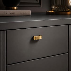 May include: A matte dark gray drawer front featuring a single horizontal gold-toned metal handle. The handle has a smooth, rounded rectangular shape with a polished finish, contrasting against the flat, solid-colored surface of the drawer.
