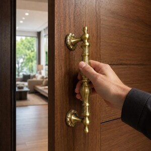 May include: A vertical brass door handle with a decorative, multi-sectioned cylindrical design featuring rounded finials at the top and bottom, mounted onto a dark brown wooden door with horizontal paneling and a visible wood grain texture.