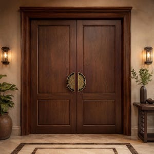 Peut inclure: Une paire de doubles portes en bois brun foncé avec une finition lisse et des panneaux rectangulaires. Les portes sont équipées de deux poignées en métal doré en forme de demi-cercle, ornées de motifs détaillés formant un cercle complet.