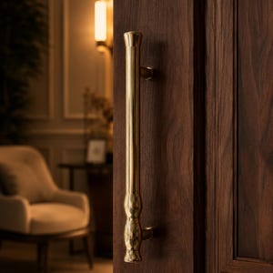 May include: A polished brass door handle with a cylindrical shaft and a decorative, contoured lower section, mounted vertically on a dark brown wooden door. The handle features a smooth, reflective metallic finish and two circular mounting points.