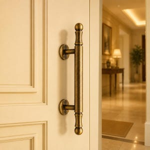 May include: A vertical door handle with a brushed antique brass finish, featuring a cylindrical center bar and rounded finials at both ends. The handle is mounted to a cream-colored paneled door with two circular plates secured by visible screws.