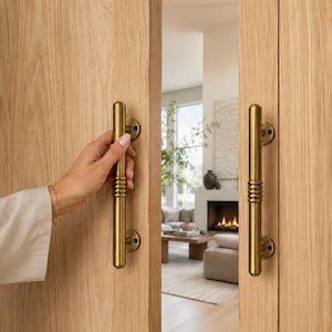 Puede incluir: Dos manijas de puerta verticales de latón con forma cilíndrica y una sección central acanalada, montadas en puertas dobles de madera clara. Cada manija cuenta con placas de montaje circulares en la parte superior e inferior, acabado dorado.