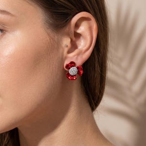 Flower Stud Earrings, Plated Red Blue Floral Earrings, Crystal CZ Statement Studs, Gift for Her, Wedding Party Jewelry