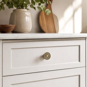Può includere: Un pomello rotondo in metallo con motivo a cerchi concentrici in finitura ottone spazzolato, montato su un frontale di cassetto grigio chiaro in stile shaker. Il pomello presenta una serie di anelli in rilievo che partono dal centro.
