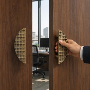 Op de afbeelding: Twee halfronde deurgrepen met een rasterpatroon in een matte messing afwerking, gemonteerd op dubbele deuren van donker hout. De grepen hebben een convex, wafelachtig oppervlakontwerp en zijn verticaal op de deurpanelen geplaatst.