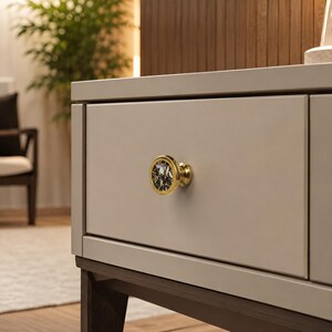 Luxury Brass Cabinet Knob with Black Marble Mosaic Inlay, Round Gold Drawer Pull for Dresser, Cupboard, Kitchen, Vanity, Furniture Decor USA