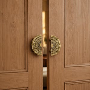 Puede incluir: Dos manijas de puerta de latón en forma de semicírculo con un patrón radial de rayos de sol montadas en puertas de madera marrón claro. Las manijas presentan un diseño texturizado y ranurado que crea una apariencia de abanico en la puerta.