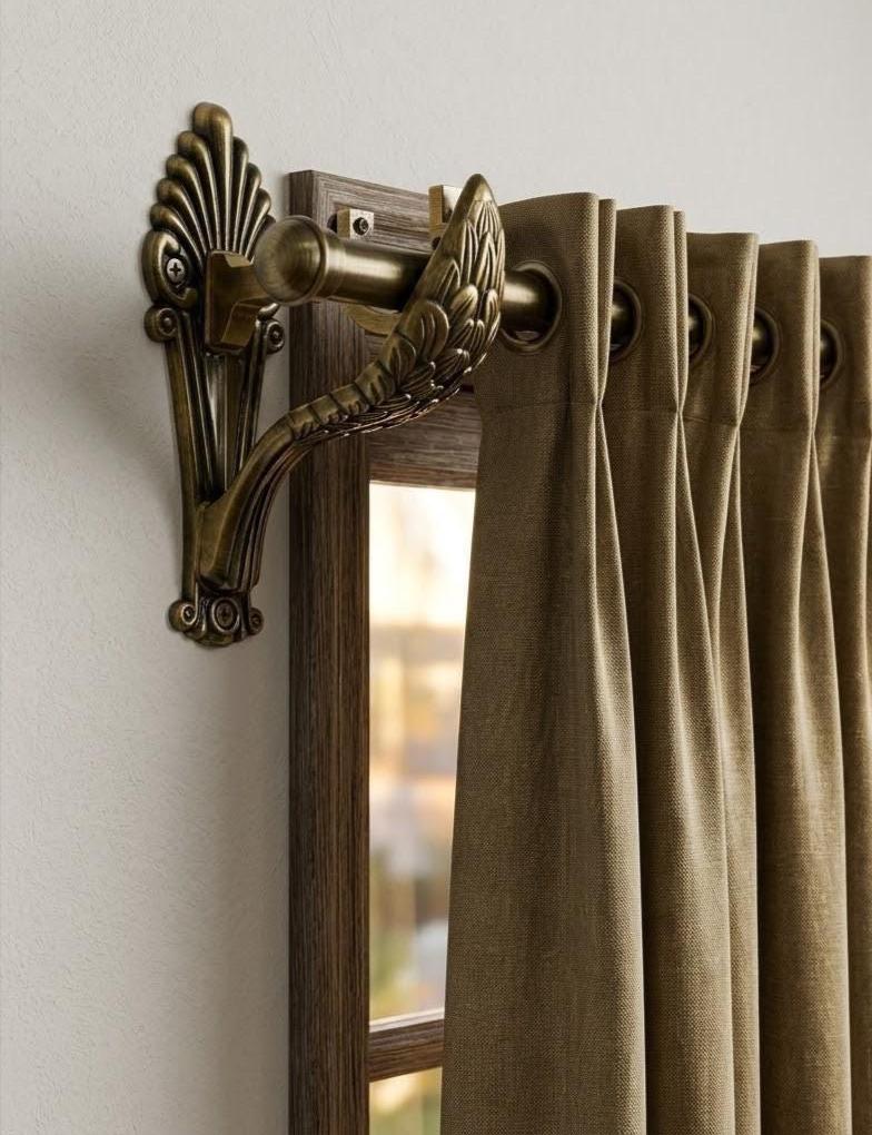Peacock Curtain Rod Brackets, Antique Brass Aluminum, Ornate Drapery Rod Holders