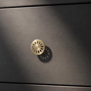 Puede incluir: Un pomo de armario circular de latón cepillado con un patrón de pétalos recortados, montado en un frente de cajón oscuro de panel plano con una textura de veta de madera visible. El pomo proyecta una sombra definida y con patrón.