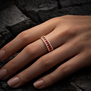 Ruby Diamond Band Ring,Gold Wedding Band,Minimalist Stackable Ring,Anniversary Gift for Her,July Birthstone Ring,Thin Gold Ring