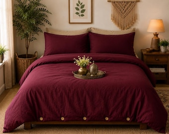 Dark Maroon Cotton Duvet Cover Set, Burgundy Boho Minimalist Bedding