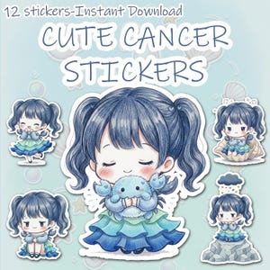 May include: A collection of 12 stickers featuring cute Cancer zodiac-themed illustrations. The stickers showcase a girl with blue hair and a crab, along with other Cancer-related designs in shades of blue and green. Text on the image reads "CUTE CANCER STICKERS".