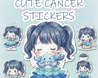 Chibi Cancer Zodiac Sticker Pack | Kawaii Pastel Handdrawn Astrology Planner Stickers | Digital PNG Download