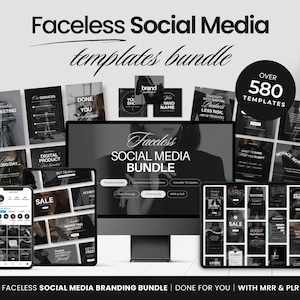 Puede incluir: Un paquete de marketing digital con más de 580 plantillas para redes sociales sin rostro. La imagen muestra una computadora, tableta y teléfono que muestran varias plantillas en blanco y negro. El texto incluye "Faceless Social Media Bundle" y "Done For You".